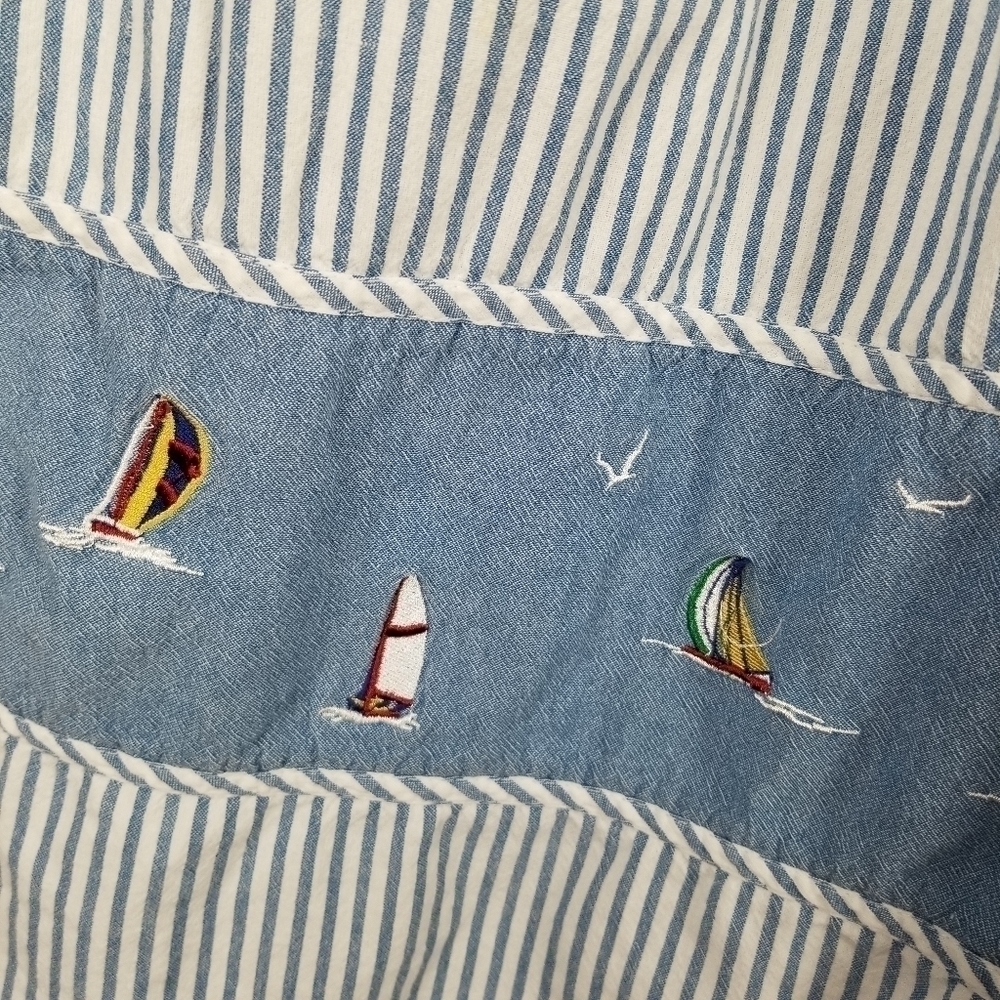 Striped Sailboat Embroidered Short Sleeve Light Denim Dress Summer Nautical S/XS - Picture 6 of 14